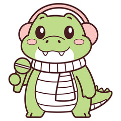 Cute Green Alligator with Scarf and Pink Headphones on White Background