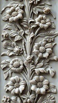 Decorative clay stucco with an ornament on a white ceiling or wall in an abstract classic white interior	
