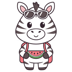 Playful Zebra Cartoon Character Wearing Sunglasses with Watermelon Slice