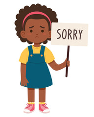 Cute sad girl in a blue sarafan holding a sign SORRY. Please forgive me. National Sorry Day. Apologize card. Vector illustration isolated on white background.
