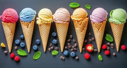 Colorful Ice Cream Cones With Fresh Fruits Arranged on a Dark Background