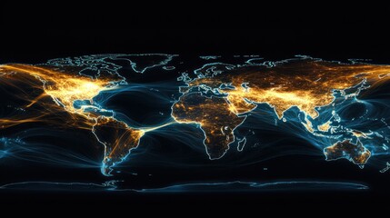 A dynamic visualization of global trade routes, glowing across continents --ar 16:9 --v 6.1 Job ID: 89bc4875-cb62-4168-b883-1e421a1c4e3d