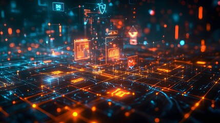 Fototapeta premium A visually stunning digital landscape with bright neon lights, abstract shapes, and intricate lines. The image evokes a sense of high-tech innovation and future technologies 