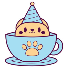 Puppy in Cup with Paw Print, Cute Dog in Teacup, Light Blue, Kawaii Style