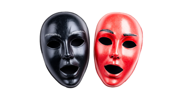 Pair of drama theater masks red and black on black background, cut out transparent