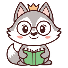 Cartoon Grey Wolf Character with Glasses, Crown, and Green Book on white