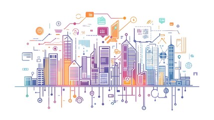 Obraz premium an illustration of a modern smart city skyline, showcasing interconnected technology and urban infrastructure
