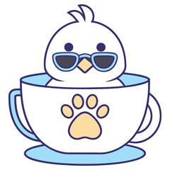 Cartoon Bird with Sunglasses in a Tea Cup with Paw Print, Design