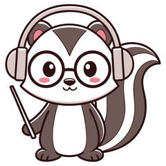 Cute Skunk Cartoon Wearing Glasses and Headphones Isolated on White Background