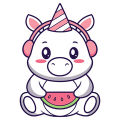 Cartoon Unicorn Party Hat and Headphones Holding Watermelon Slice On White