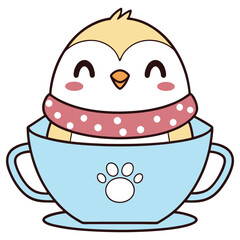 Cute Bird Cartoon Inside Blue Cup with Paw Prints and Wearing a Scarf