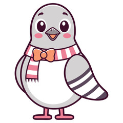 Adorable Cartoon Pigeon with Striped Scarf and Bowtie on Transparent Background