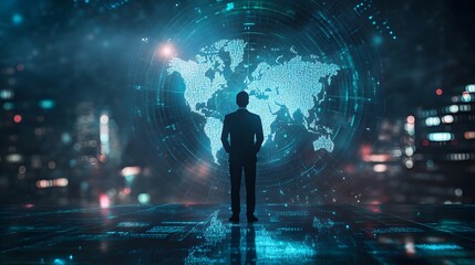 a person staring at the world map projection with the light around him 