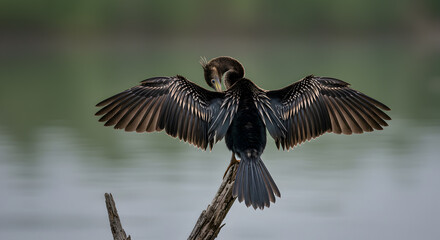 Anhinga bird drying its wings gracefully on a branch above water, a stunning display
