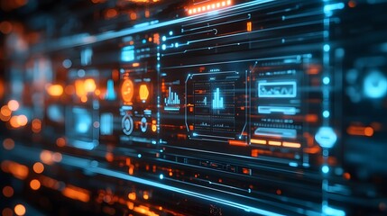 a complex digital interface, showcasing an abstract futuristic design with bright blue and orange lights and data