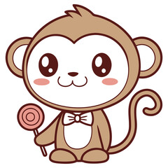 Cute Cartoon Monkey with Bow Tie Holding Lollipop on Transparent Background