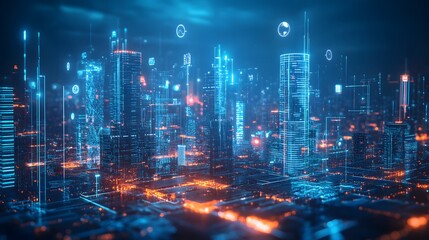 A futuristic cityscape with glowing lights and digital elements, showcasing technological advancements. The vibrant colors and intricate details create a sense of innovation and progress