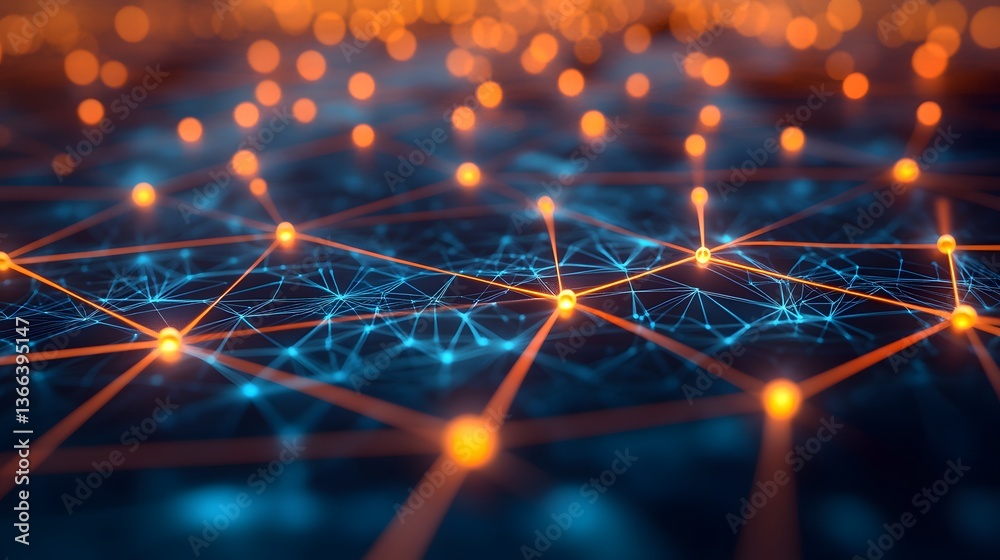 Poster a mesmerizing abstract image of interconnected network nodes glowing with neon colors, symbolizing d
