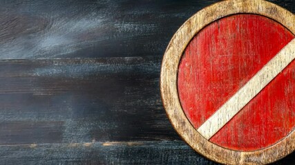 Wooden warning sign featuring a bold red circle and diagonal stripe on a dark wooden background
