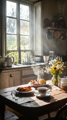 A sun-drenched rustic kitchen featuring a wooden table adorned with a steaming cup of tea, pastries, fresh fruits, and a vibrant bouquet of wildflowers, creating a cozy and inviting scene.. AI