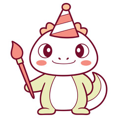 Cute Cartoon Dinosaur Wearing Party Hat Holding Paint Brush Transparent