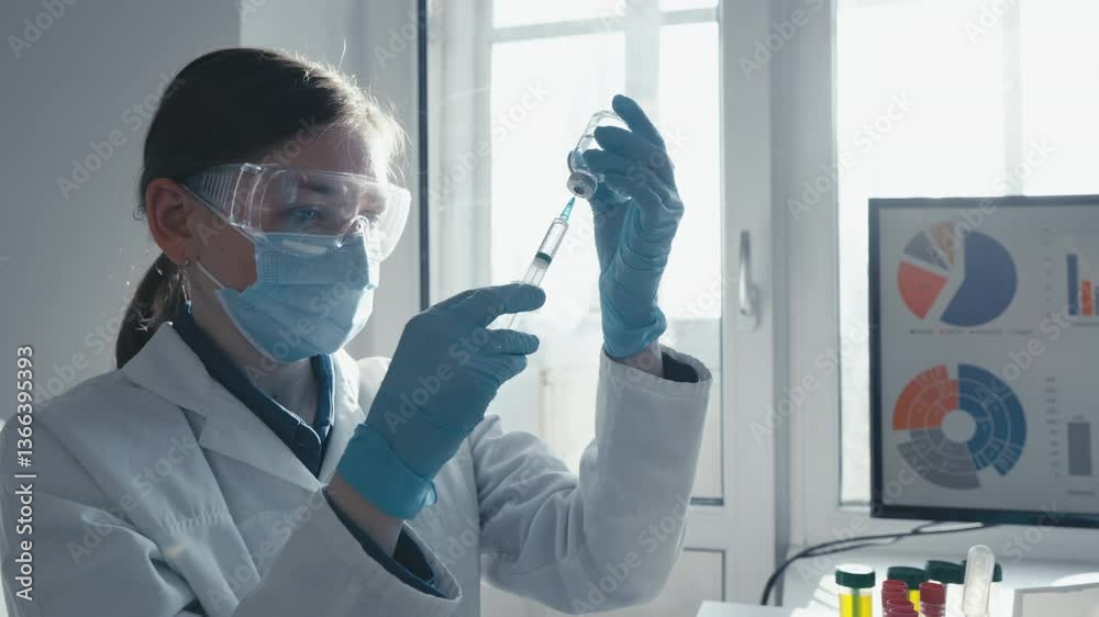 Poster in a wellequipped lab, a skilled scientist prepares a lifesaving vaccine with a syringe, emphasizing