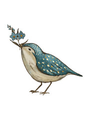 Small blue bird with a forget-me-not flower in its beak illustration