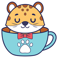Cute Cartoon Tiger Cub in Blue Mug with Paw Print and Red Bow Tie Icon