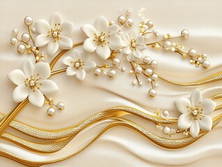 An exquisite tree featuring golden limbs, white flowers, and glistening pearls
