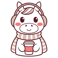 Cute Horse with Headphone, Scarf Holding Drink Cup. Cartoon Character