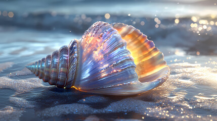 A solitary shell reveals a spectrum of shimmering colors, highlighting its delicate patterns and natural elegance against a pristine backdrop. Spectrum Shell. Illustration