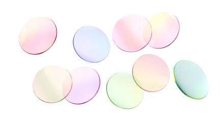 Glass round color lens transparent. 3d gradient holographic disk icon. Light circle badge element. Abstract disc, lens, button, badge, podium, frame flying gradation texture. Vector 3d illustration