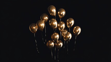 A small, clustered group of glossy gold balloons floating in a dark, minimalist space, offering a modern and sophisticated touch for celebrations and events.. AI Generation
