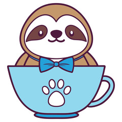 Cheerful Sloth Character in Blue Cup with Paw Print and Bow Tie Design