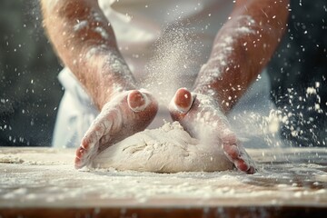Fototapeta premium Kneading dough with hands on a wooden surface, flour flying in the air, showcasing the art of baking, culinary skills, and homemade bread preparation concept