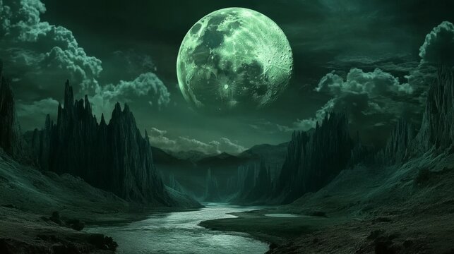 A glowing green moon dominates an alien landscape with rugged mountains, dark valleys, and a winding river, enveloped in an eerie yet captivating nighttime atmosphere.. AI Generation