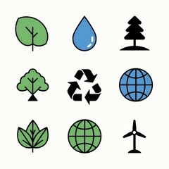 Eco-friendly icon set, 6 symbols representing nature and environment (green leaf, water drop, tree silhouette, recycle symbol, globe, wind turbine), minimalist flat design, vector graphics