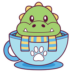 Cartoon Dinosaur in a Cup with Scarf, Cute Reptile Mascot, Colorful Art