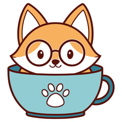 Cartoon fox with glasses in teacup with paw print on white