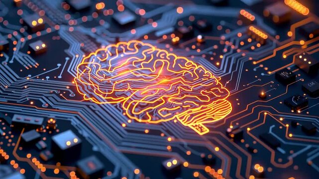 Close up neural circuit and electronic cyberbrain on the surface of a computer motherboard with illuminated lines. The concept of new technologies and development in the Internet computer field
