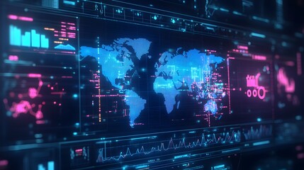 a digital display of a world map and data visualizations. The interface is glowing with neon lights, suggesting a high-tech environment.
