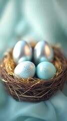 Obraz premium Nest with eggs, a symbol of Easter, the continuation of life, birth, rebirth, beginning, abundance, wealth. Gentle, pastel colors. Painted eggs. Art Card. Festive theme. AI-generated.