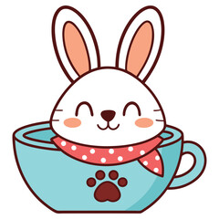 Obraz premium Happy White Bunny in Blue Cup with Paw Print and Red Polka Dot Scarf
