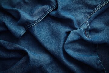 Close-up of crumpled denim fabric displaying rich blue tones and texture.