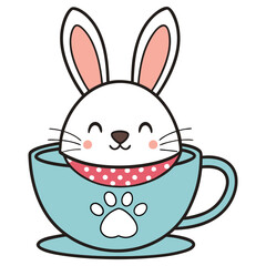 Cartoon White Bunny with Pink Ears and Cute Face in Blue Cup with Paw Print