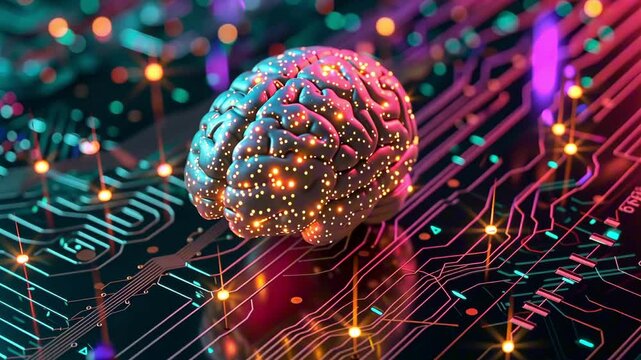 Close up neural circuit and electronic cyberbrain on the surface of a computer motherboard with illuminated lines. The concept of new technologies and development in the Internet computer field