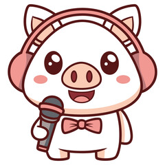 Cartoon Cute Pig Mascot Wearing Headphones with Microphone on Transparent Background