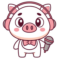 Pig Cartoon with Headphones & Microphone Isolated on White Background