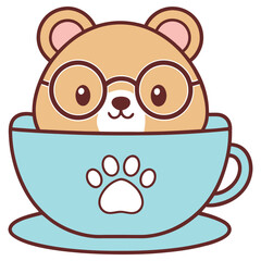 Cute Bear with Glasses in Blue Cup with Paw Print Design on White Background