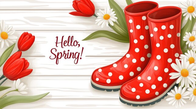 Pair of red polka dot rain boots with colorful tulips and daisies on light wooden background